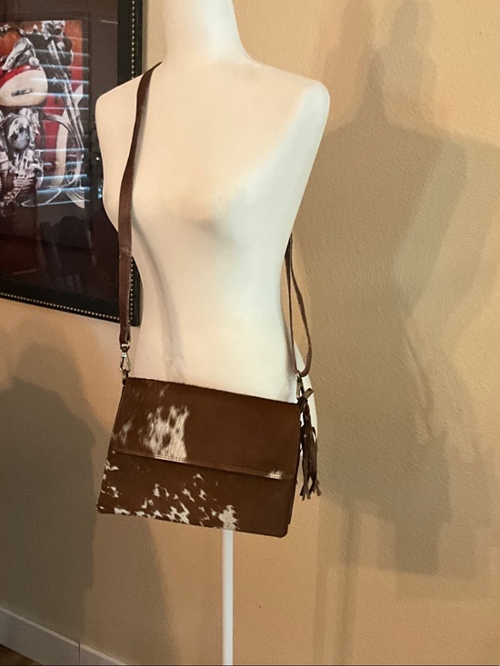 Handbags - Brown Cowhide Hair on Hide Crossbody Bag with Fringe Accent